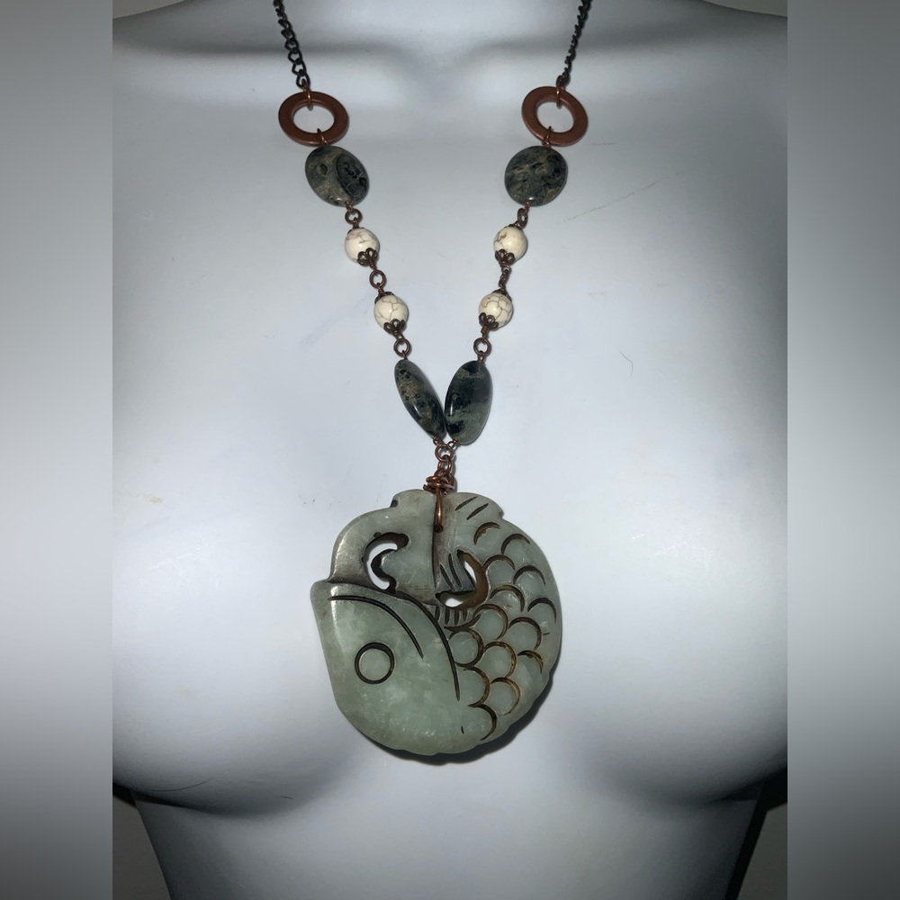 Handmade Green Jade Fish Boho Necklace w/ Real Serpentine & White Turquoise